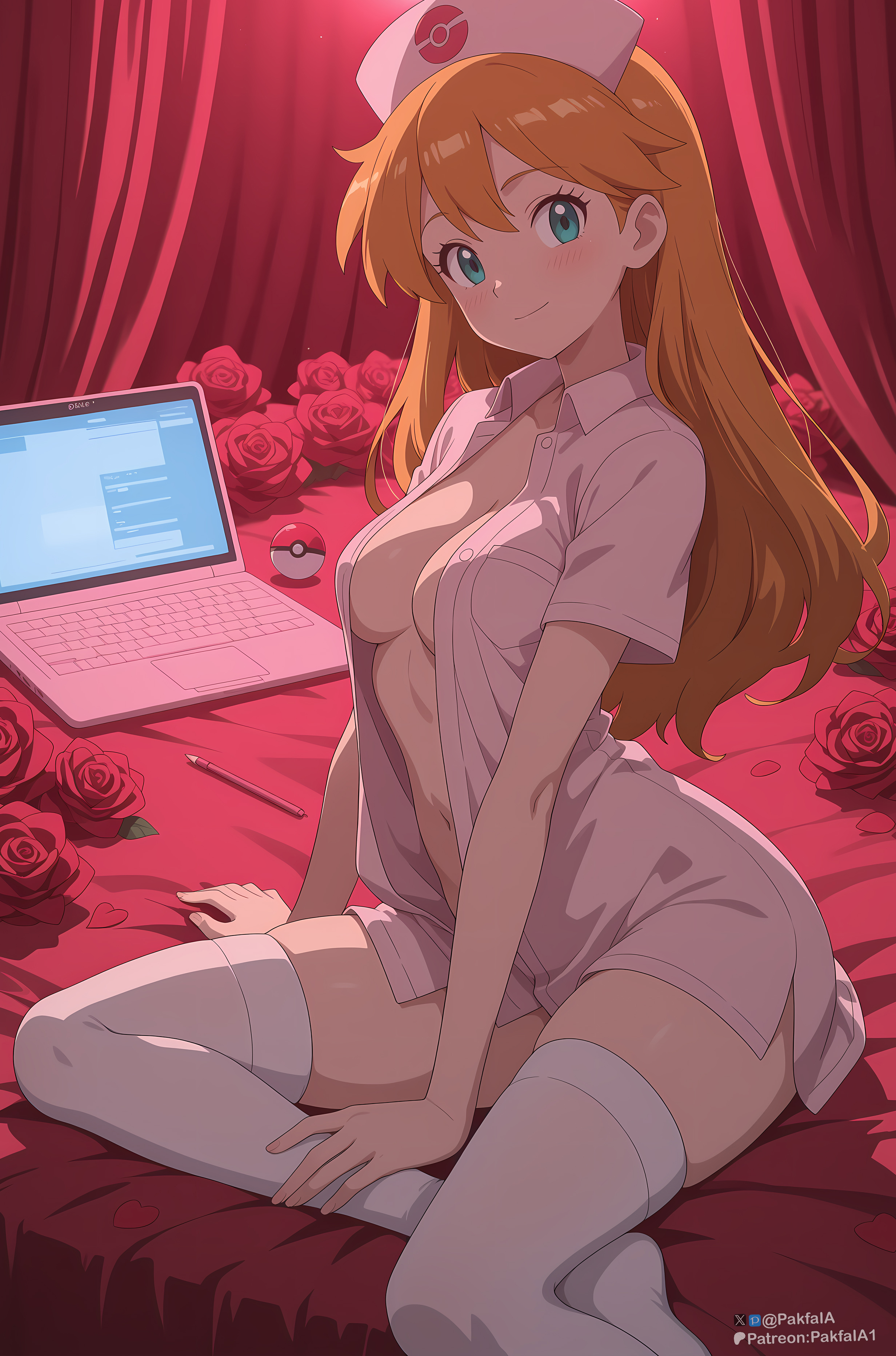 ai generated, alternative costume, aqua eyes, bed, blush, breasts, cleavage, closed mouth, clothing, collared dress, collared shirt, computer, curtains, dress, eyelashes, female, flower, green eyes, hair down, hat, headwear, indoors, kasumi (pokemon), laptop, legwear, long hair, looking at viewer, medium breasts, navel, no bra, nurse, nurse cap, on bed, open clothes, open dress, open shirt, orange hair, pakfaia, petals, poke ball, poke ball (basic), pokemon, pokemon character, red curtains, red flower, red rose, rose, shirt, short sleeves, sitting, smile, solo, thighhighs, thighs, white headwear, white legwear, white thighhighs