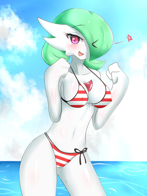 1girls, 3 fingers, ass, bare shoulders, belly, bikini, breasts, cleavage, day, erect nipples, eyelashes, female, female only, gardevoir, green hair, hair over one eye, heart, navel, nintendo, nipples, open mouth, outdoors, pink eyes, pokémon (species), pokemon, pokemon (species), pokemon rse, sana!rpg, short hair, sideboob, sky, smile, standing, teeth, tongue, water, white skin