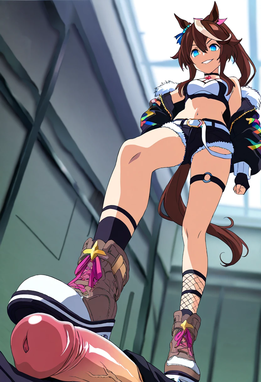 1futanari ai_generated animal_ears blue_eyes brown_hair erect_penis erection feet feet_focus female horse_ears horse_girl horse_tail penis shoes shoes_focus smile socks solo standing stepped_on stepping_on_penis tokai_teio_(umamusume) umamusume umamusume_pretty_derby