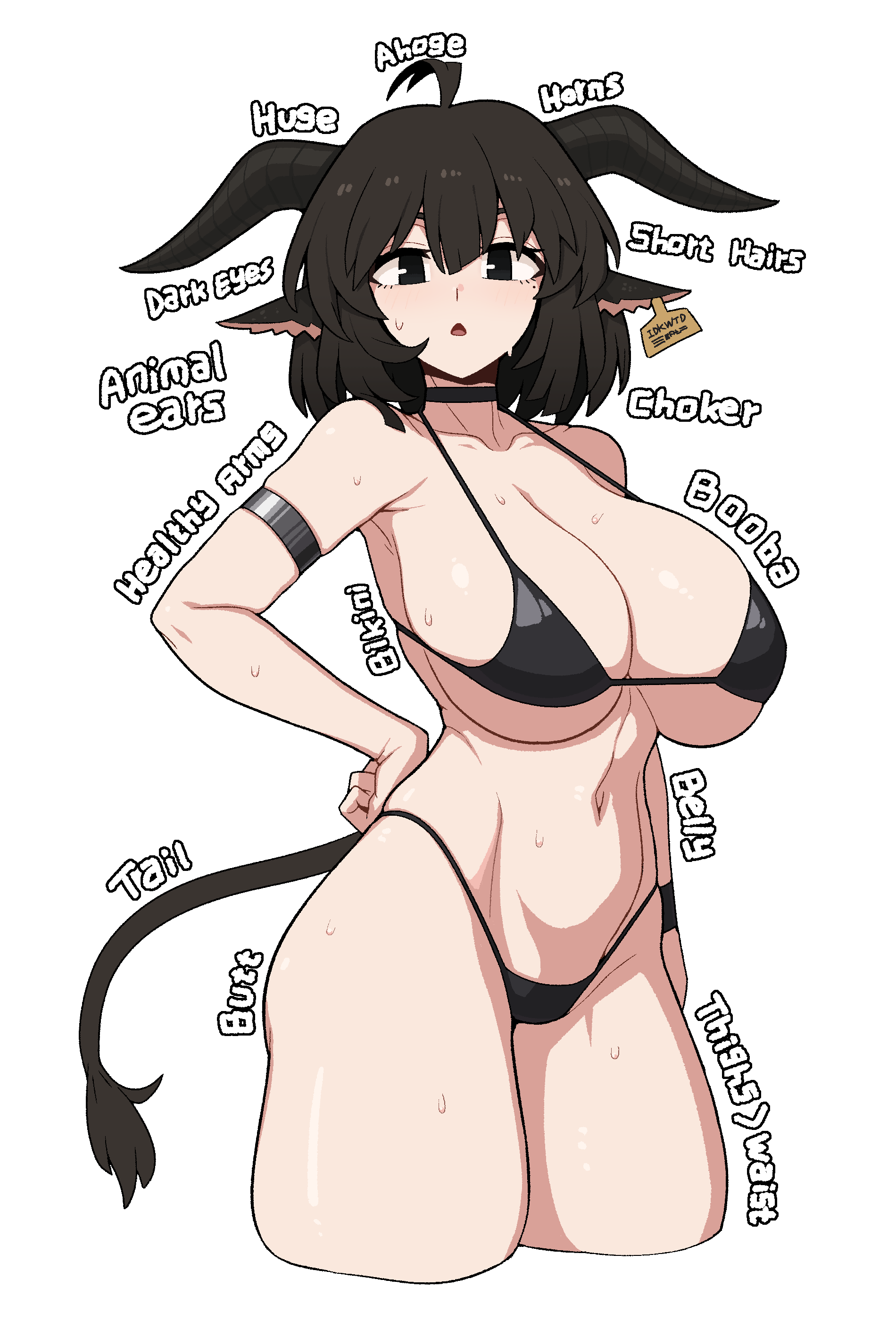 absurdres ahoge animal_ears belly bikini black_bikini black_eyes black_hair breasts choker cow_ears cow_tail english_text female formicid highres horns huge_breasts looking_at_viewer navel original short_hair solo swimsuit tail thighs white_background