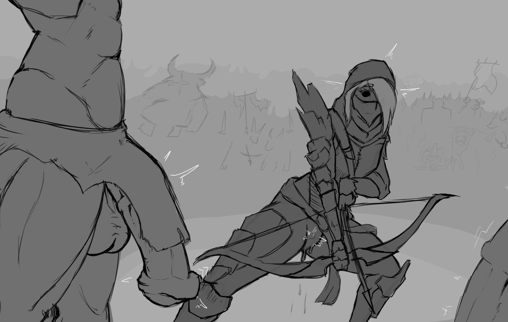 1girls, beastman, beastman (warhammer), black eyes, black pupils, black sclera, elf, elf ears, facemask, female, fully black eyes, horsecock, imminent sex, kerillian, loincloth, male, multiple boys, multiple males, penis, piekiller5, thick thighs, vermintide, warhammer (franchise), warhammer fantasy, wood elf, wood elf (warhammer)
