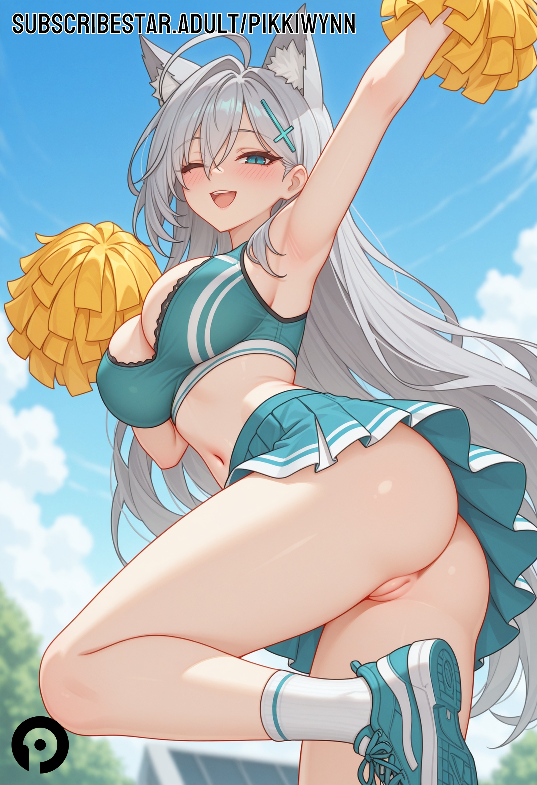 ai generated, alternate costume, animal ear fluff, animal ears, arm up, armpits, ass, bangs, bare shoulders, blue archive, blue eyes, blush, breasts, cheerleader, cleavage, cosplay, crop top, day, female, female only, grey hair, hair ornament, holding, holding pom poms, large breasts, long hair, looking at viewer, midriff, miniskirt, multi ear, navel, no panties, one eye closed, open mouth, outdoors, pikkiwynn, pleated skirt, pom pom (cheerleading), pussy, shiroko (blue archive), shoes, skirt, sky, smile, sneakers, socks, solo, thighs, very long hair, white socks, wolf ears
