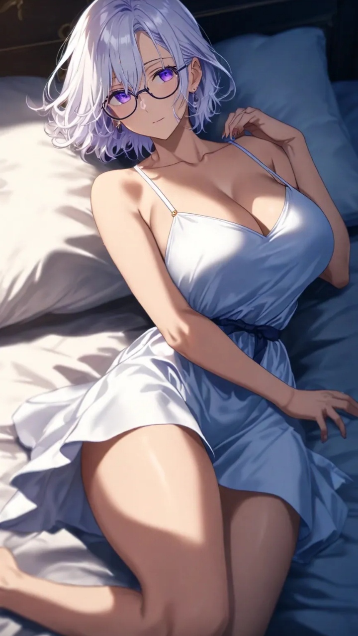 bed big_breasts breasts_on_view glasses neckline purple_eyes sleepwear thighs white_hair