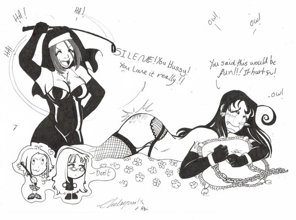antenna_hair bondage chains female hellsing long_hair monochrome nun rip_van_winkle stockings yumie_takagi yuri