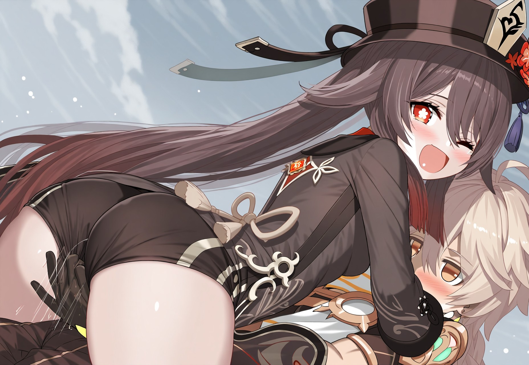 1boy, 1girls, aether (genshin impact), blonde hair, female, genshin impact, hat, horny female, hu tao (genshin impact), long hair, male, mihoyo, pleasure face, pussy, rubbing pussy, rubbing pussy through clothing, sex, straight