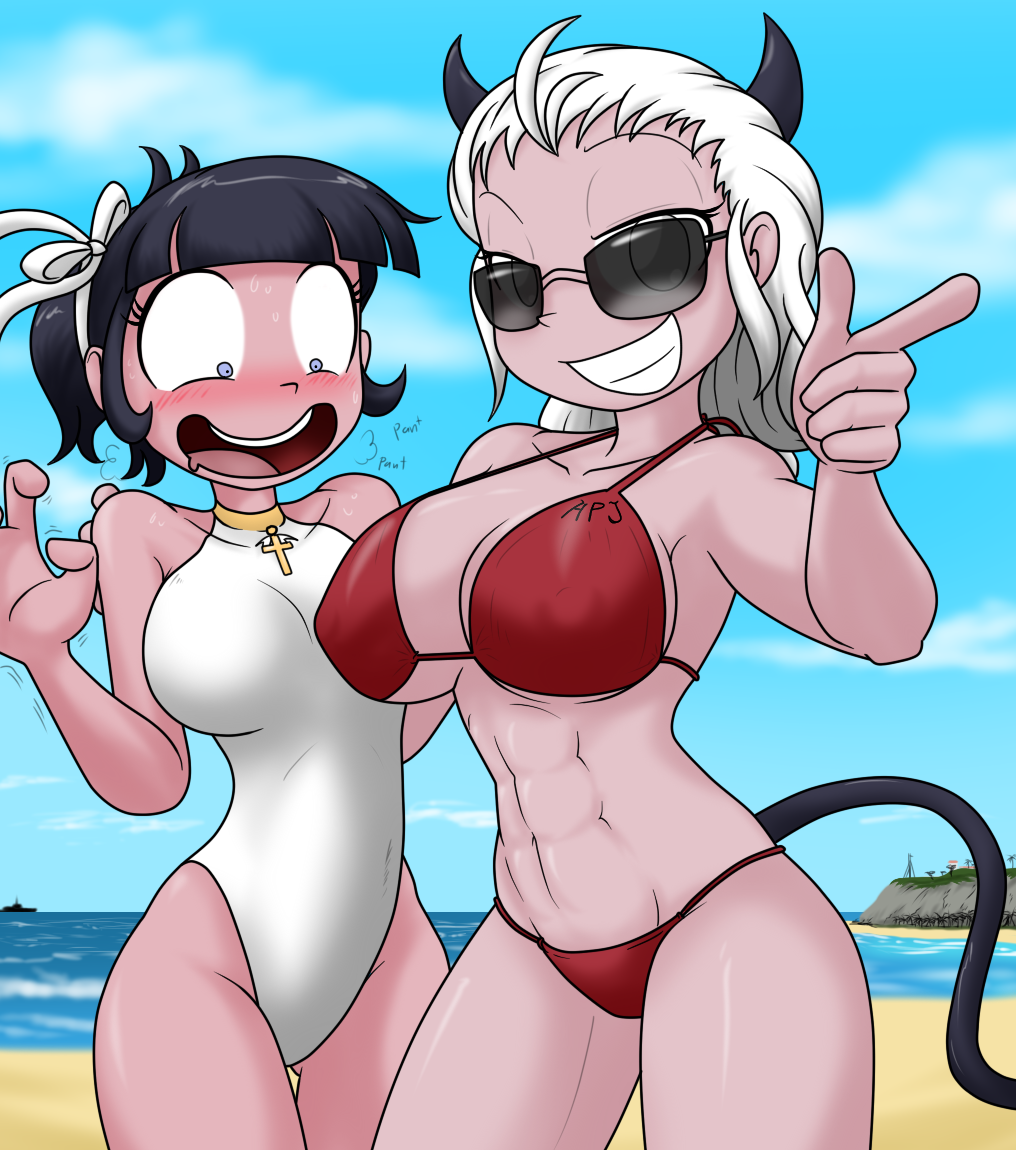 abs angel angel_girl azazel_(helltaker) beach bikini bikini_bottom bikini_top black_hair blind blue_eyes blush cross_necklace demon demon_girl demon_horns demon_tail drooling finger_gun grabby_hands helltaker justice_(helltaker) kaostheory901 muscles ocean one-piece_swimsuit pale-skinned_female pale_skin panting sand sandwich-anomaly sunglasses swimsuit swimwear white_hair yuri