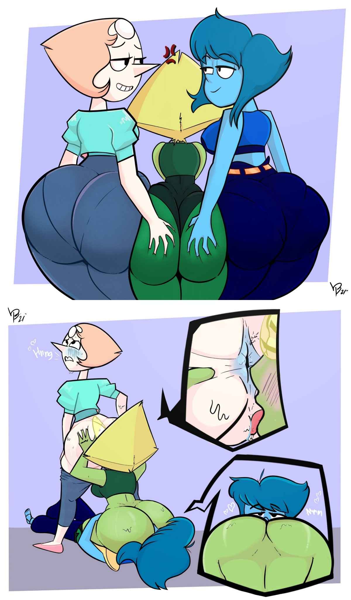 3girls anus artist_request ass_grab big_ass blue_hair blue_skin cunnilingus facesitting green_skin heart jeans lapis_lazuli_(steven_universe) orange_hair partially_clothed pearl_(steven_universe) peridot_(steven_universe) rimming sandals steven_universe tagme threesome visor white_skin yellow_hair