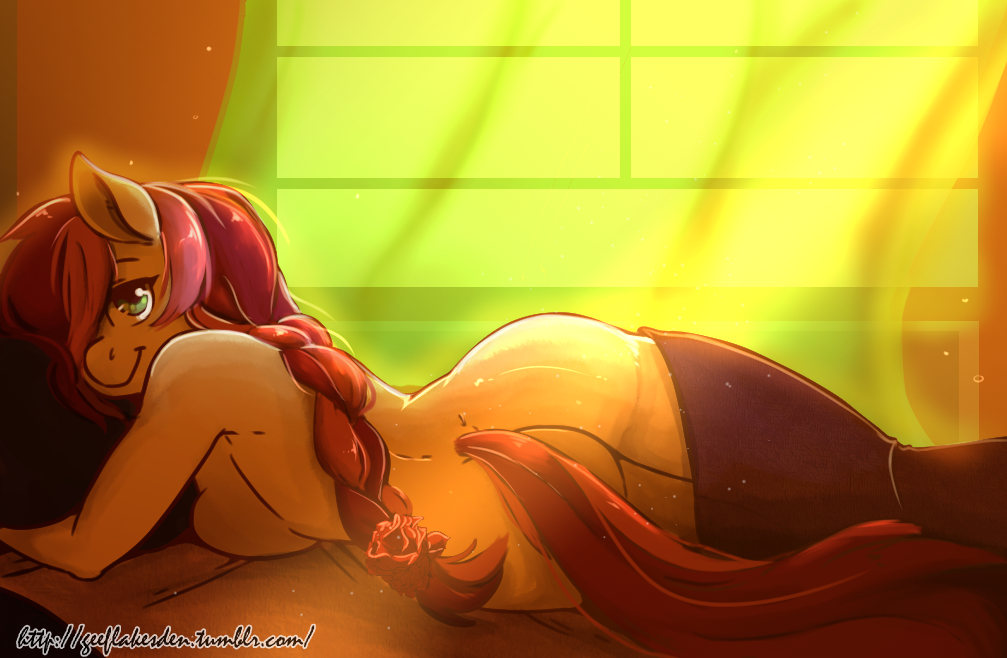 2016 anthro anthrofied ass bed braided_hair breasts earth_pony equid equine female friendship_is_magic furniture geeflakes green_eyes hair_over_eye hasbro horse inside long_hair mammal my_little_pony on_bed one_eye_obstructed pony red_hair rose_(mlp) side_boob smile solo text url