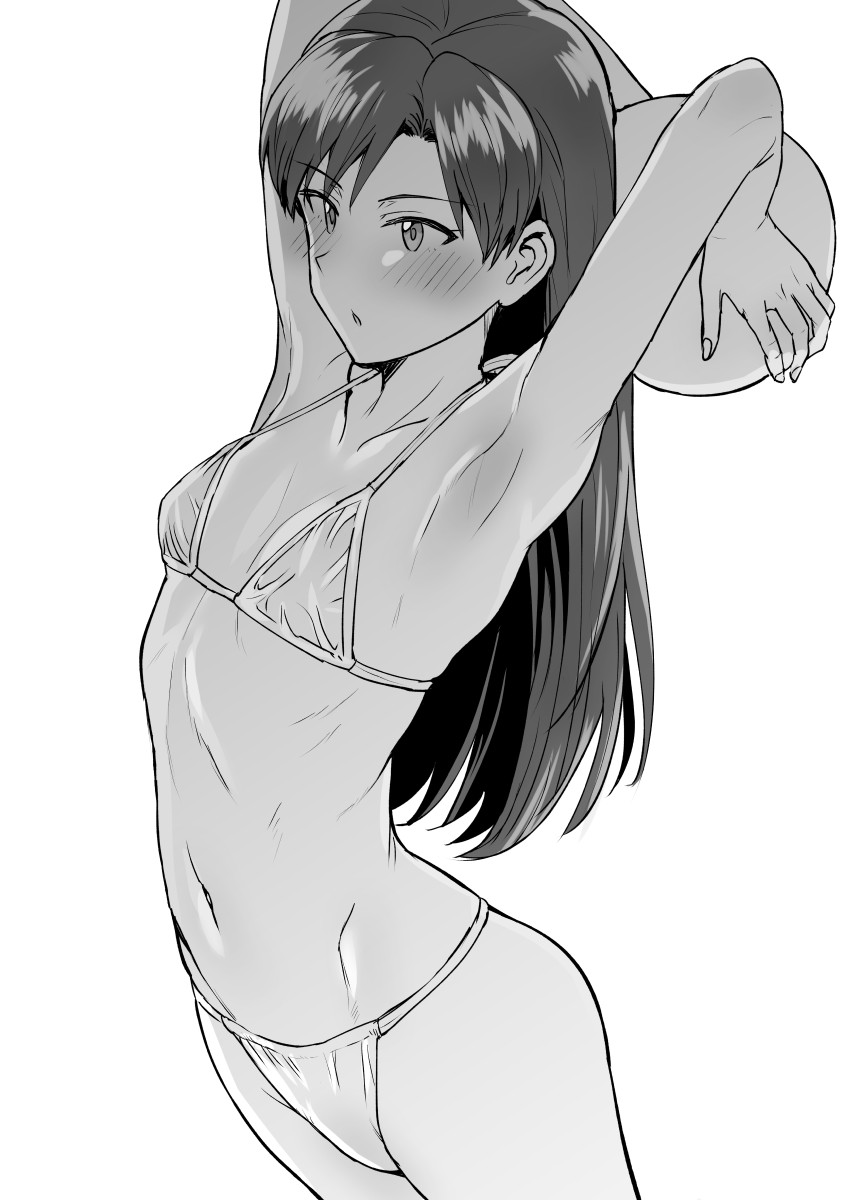 armpits arms_behind_head arms_up ball bare_arms bare_shoulders bikini blush breasts cowboy_shot female greyscale highres holding holding_ball idolmaster idolmaster_(classic) kisaragi_chihaya long_hair monochrome navel parted_lips ribs simple_background small_breasts solo standing stomach swimsuit tsurui white_background