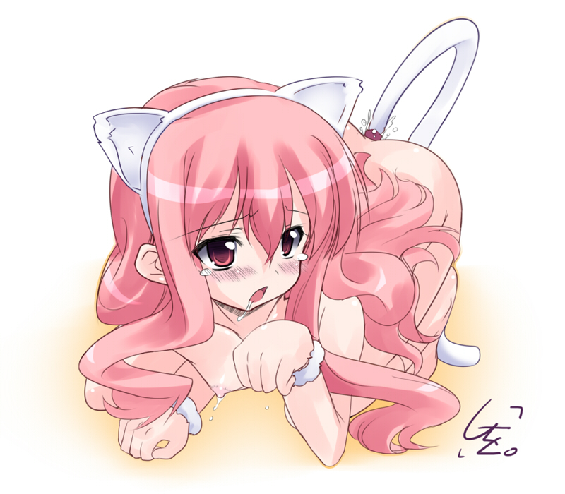 animal_ears blush butt_plug_tail buttplug buttplug_tail cat_ears cat_pose cat_tail long_hair louise_francoise_le_blanc_de_la_valliere nude paw_pose pink_eyes pink_hair saliva shiwo small_breasts tail tears wrist_cuffs zero_no_tsukaima