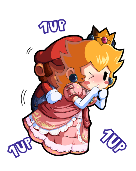 1up 1up_sex blonde_hair blush clothed_sex female from_behind human male mario mario_(series) mob_face nintendo paper_mario paper_peach parody princess_peach sex simple_face straight straight_hair wink