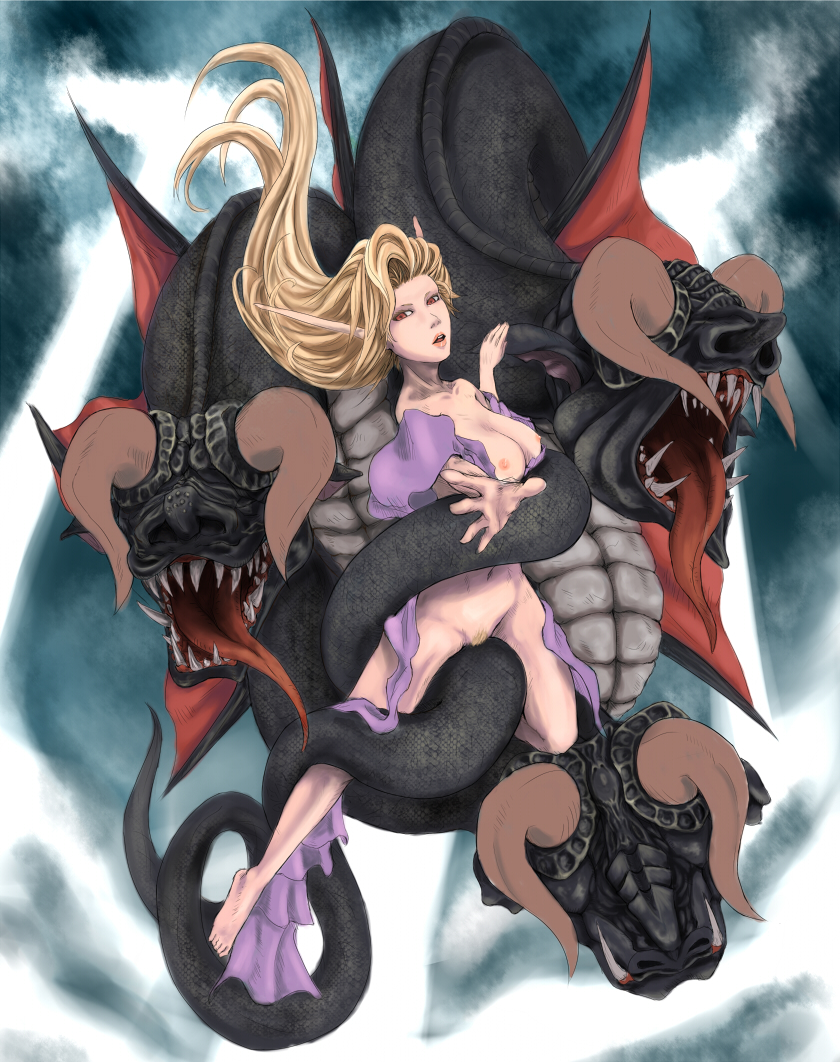 blonde_hair breasts byunei demon_girl foreshortening hands kouzilow long_hair monster nude pointy_ears pubic_hair red_eyes romancing_saga_3 saga