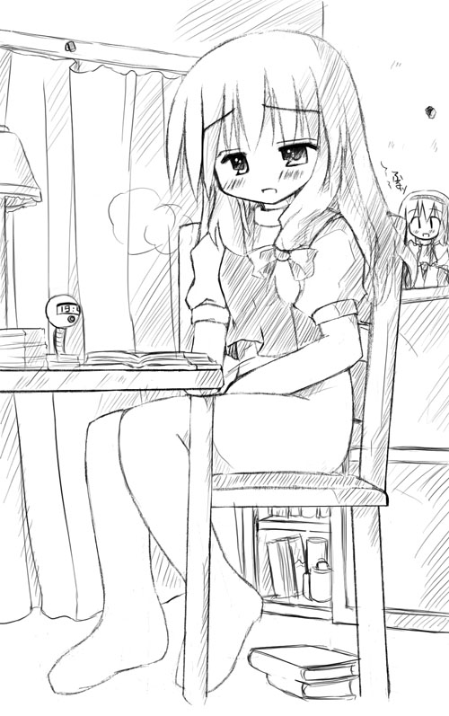 barefoot bottomless desk doll female hand_between_legs human marisa_kirisame masturbation monochrome murabito table touhou