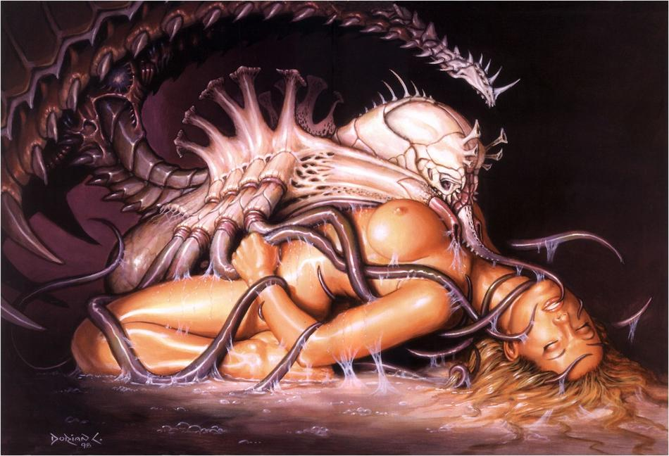 alien, aroused, blonde hair, breasts, centipede, closed eyes, consensual tentacles, dorian cleavenger, female, interspecies, large breasts, monster, monster on female, nude, rape, sex, slime, sticky, tentacle