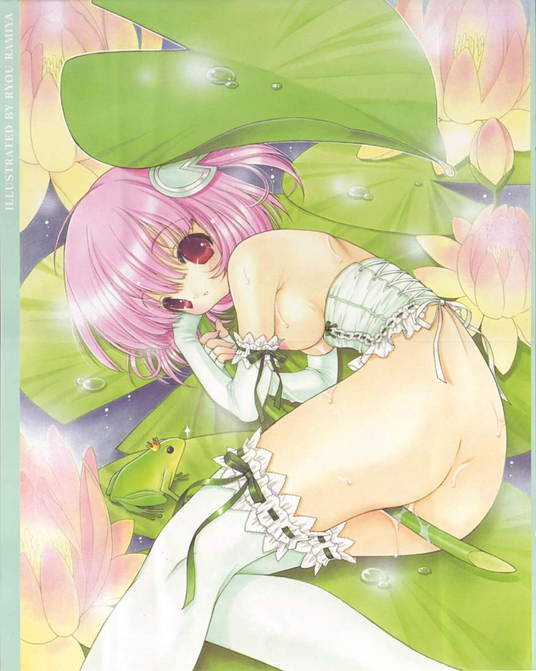 1girls bottomless breasts corset crotch_rub crown dew elbow_gloves fairy_tales fingerless_gloves flower frills frog frog_prince garters gloves hair_ornament highres leaf leaves lily_(flower) lily_pad literature masturbation monster_girl nipples pink_hair public_domain purple_eyes pussy_juice ramiya_ryou red_eyes ribbon royalty ruffles solo thighhighs water white_legwear white_thighhighs