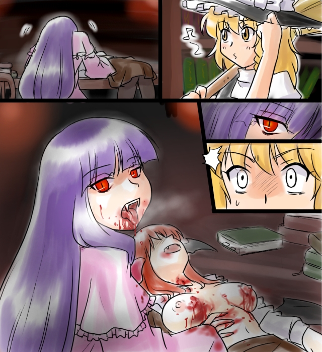 blonde_hair blood book breasts fangs female guro hair_ribbon hat head_wings headwings human koakuma long_hair marisa_kirisame musical_note nipples open_clothes open_shirt pantyhose patchouli_knowledge purple_bonus purple_hair red_eyes red_hair ribbon shrunk_pupils slit_pupils the_embodiment_of_scarlet_devil tongue touhou vampire wings witch_hat yellow_eyes