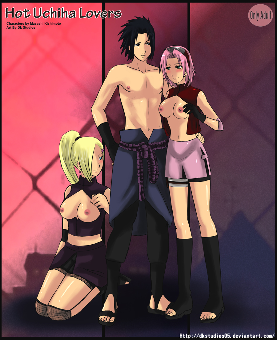 1boy 2girls blush boots breasts cover_page dk_studios female human ino_yamanaka knee_boots male multiple_girls naruto naruto_shippuden open_clothes open_shirt pink_hair sakura_haruno sandals sasuke_uchiha shirt straight straight_hair