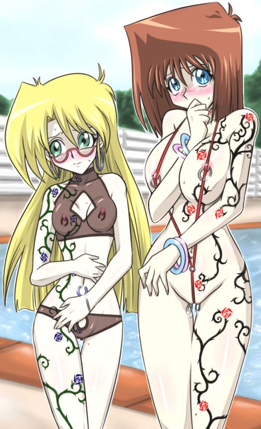 2girls areola_slip areolae arm_between_breasts between_breasts bikini blonde_hair blue_eyes blush bracelet breasts brown_hair cleavage_cutout earrings embarrassed female female_only fence flat_chest flower flower_tattoo freckles glasses green_eyes hips hoop_earrings human jewelry labia_piercing large_breasts long_hair lowleg lowleg_bikini mazaki_anzu mound_of_venus multiple_females narrow_waist navel_piercing navel_ring nipple_rings nipples outdoors pale_skin piercing pool poolside rebecca_hawkins rebecca_hopkins rose rose_tattoo see-through short_hair sky sling_bikini sports_bikini standing straw_(artist) string_bikini swimsuit tattoo tea_gardner thigh_gap thighs thorns uncensored very_long_hair vines water wedgie wide_hips yu-gi-oh!