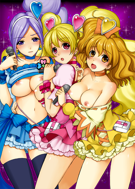 3girls aono_miki black_legwear black_thighhighs blonde_hair blue_eyes blue_hair breasts choker clothing cure_berry cure_peach cure_pine dress earrings female female_only fresh_precure! fresh_pretty_cure! frills fukurokouji heart jewelry long_hair magical_girl medium_breasts microphone momozono_love multiple_girls nipples pink_eyes precure pretty_cure shirt shirt_lift skirt stockings thighhighs tied_hair twintails yamabuki_inori yellow_eyes