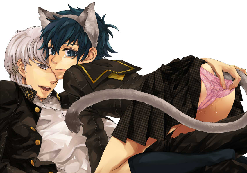 1boy 1girls animal_ears ass ass_cleavage blue_eyes blue_hair butt_crack butt_plug_tail buttplug buttplug_tail cameltoe cat_ears cat_tail couple female grey_eyes grey_hair houndsteeth male mhr narukami_yu panties persona persona_4 pink_panties pussy_juice school_uniform serafuku seta_souji shirogane_naoto short_hair simple_background skirt straight tail tears underwear wet_pussy