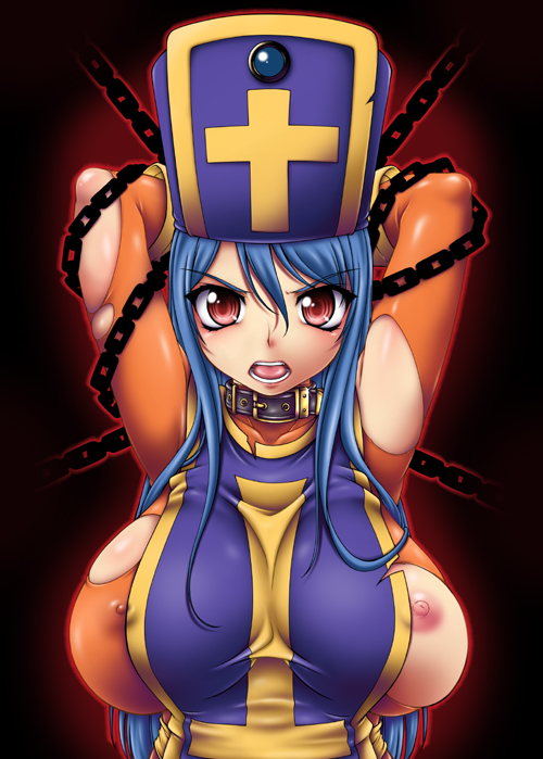 areolae arms_behind_back arms_up blue_hair bondage breasts chains clothing collar cross dragon_quest dragon_quest_iii erect_nipples erect_nipples_under_clothes female female_only hands_behind_back hat huge_breasts human large_breasts latex long_hair mitre nipple_slip nipples no_bra onizuka_takuto open_mouth priest_(dq3) red_eyes solo tabard tied torn_clothes