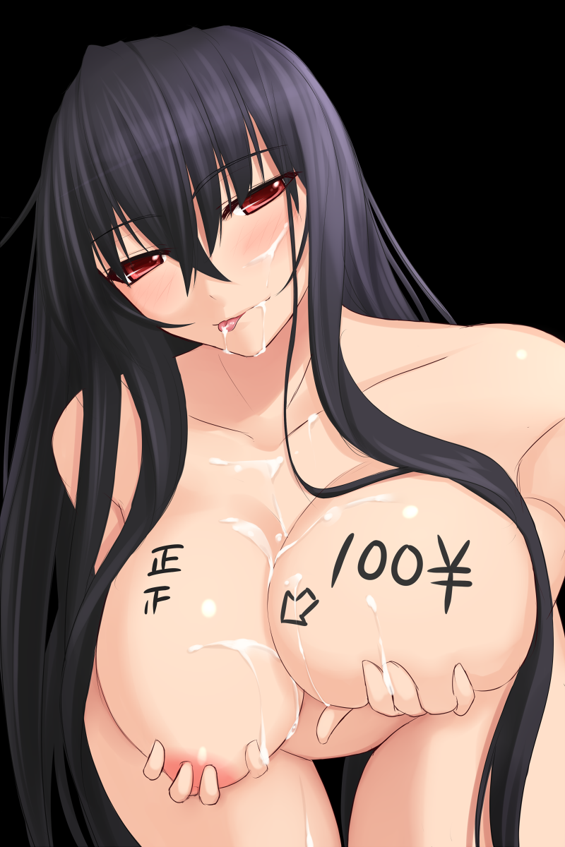 akitsuki_karasu areolae black_background blue_hair blush body_writing breast_hold breasts cum cum_in_mouth cum_on_body cum_on_breasts cum_on_tongue cum_on_upper_body cumdrip facial female highres huge_breasts kurochijo large_breasts long_hair looking_at_viewer nipples nude original red_eyes simple_background smile solo standing tally tally_marks tongue tongue_out very_long_hair