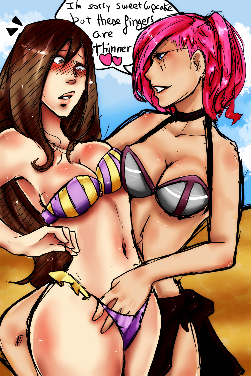 2girls, beach, blue eyes, blush, breasts, brown eyes, brown hair, caitlyn kiramman, cleavage, english text, female, female only, hair, hand in another's panties, hand in panties, ikebanakatsu, league of legends, long hair, multiple females, multiple girls, navel, pink hair, purple panties, short hair, striped bra, swimsuit, tattoo, text, vi, yuri