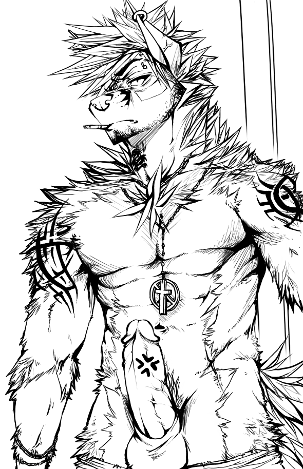 1boy anthro balls black_and_white canine cigarette ear_piercing fox fur furry linni-fight male male_only monochrome necklace penis piercing solo tattoo