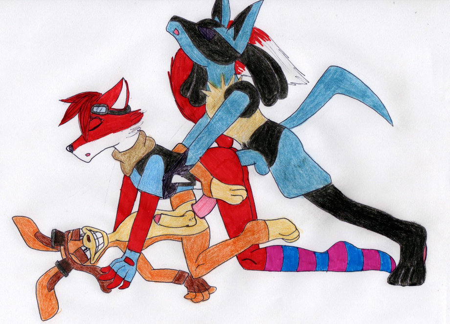 anthro backless_gloves canine clothing daxter eyewear fingerless_gloves fox fur furry gloves goggles group jak_and_daxter lucario male_only maxamilion_the_fox nintendo ottsel pokemon pokemon_(species) rollercoasterviper59 scarf shirt socks threesome vest video_games