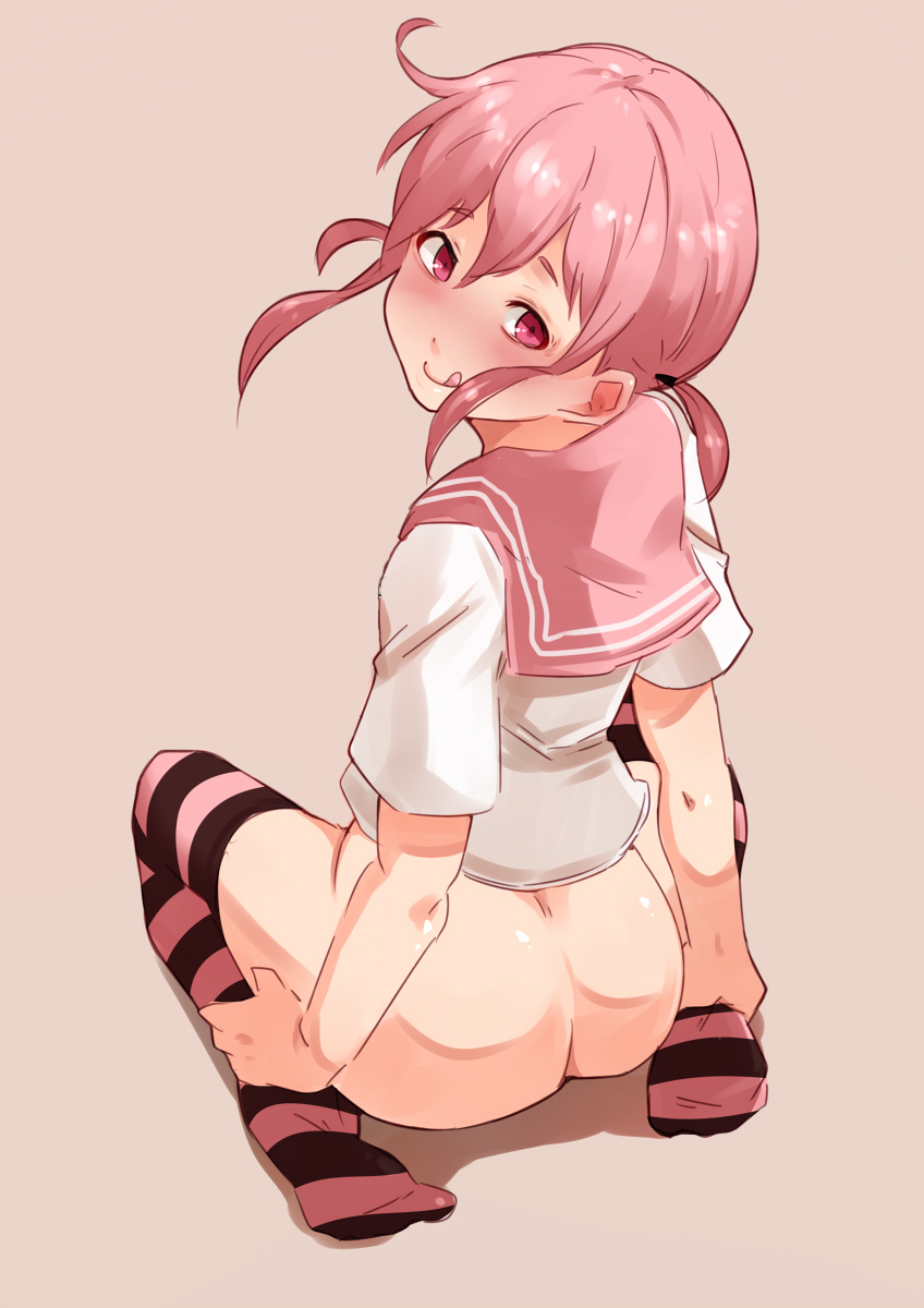 1boy ass bottomless edit edited looking_back photoshop pink_eyes pink_hair school_uniform serafuku short_hair socks solo stockings tied_hair tongue trap twintails wachiwo