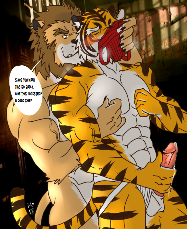 2013 abs anthro balls biceps black_fur blush body_markings brown_fur brown_hair canine closed_eyes cum english_text erection feline fur hair hentist humanoid_penis lion male mammal markings muscles nude orange_fur pecs penis pink_nose sex shishimaru_genjurou text tiger toragami_gaou vein white_fur yaoi