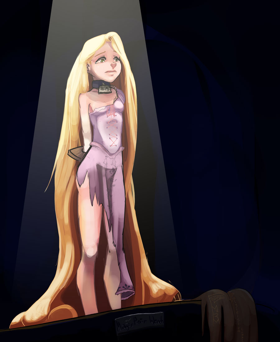 1girls, arms behind back, auction, blonde hair, bondage, breasts, clothing, collar, crying, disney, disney princess, dress, female, female only, human, long hair, looking down, polyle, rapunzel (tangled), restrained, slave, slave auction, slave collar, small breasts, solo, stocks, tangled, tears, torn clothes, very long hair