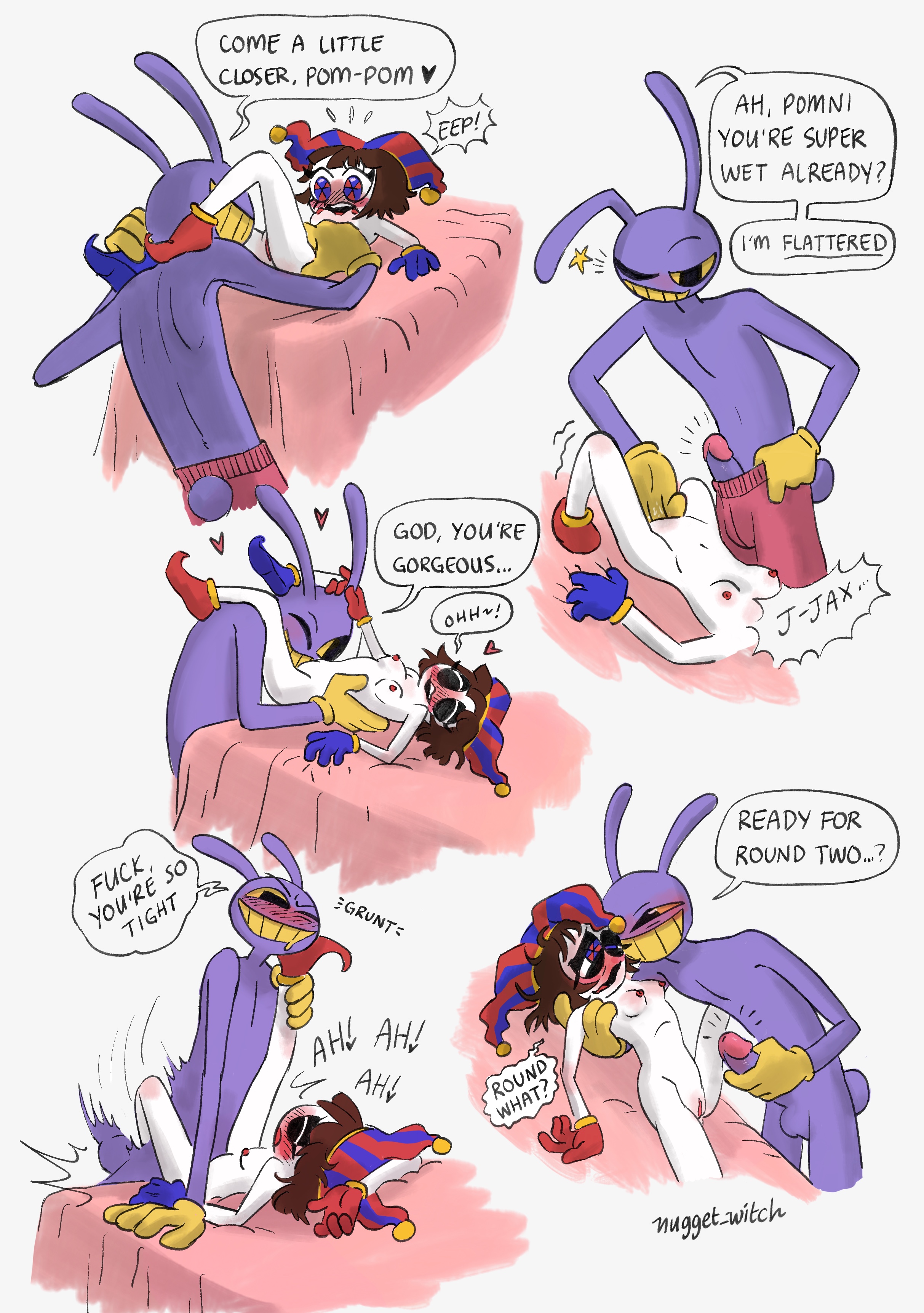 anthro, bunny, comic, comic page, cute, dialogue, duo, english text, female, female penetrated, glitch productions, jax (tadc), jax (the amazing digital circus), jester, jester hat, larger male, male, male penetrating, male penetrating female, male/female, missionary position, nude, nugget witch, oral, oral sex, penetration, penis, pomni, pomni (the amazing digital circus), purple body, pussy, rough sex, sex, smaller, smaller female, smaller penetrated, tadc, text, the amazing digital circus