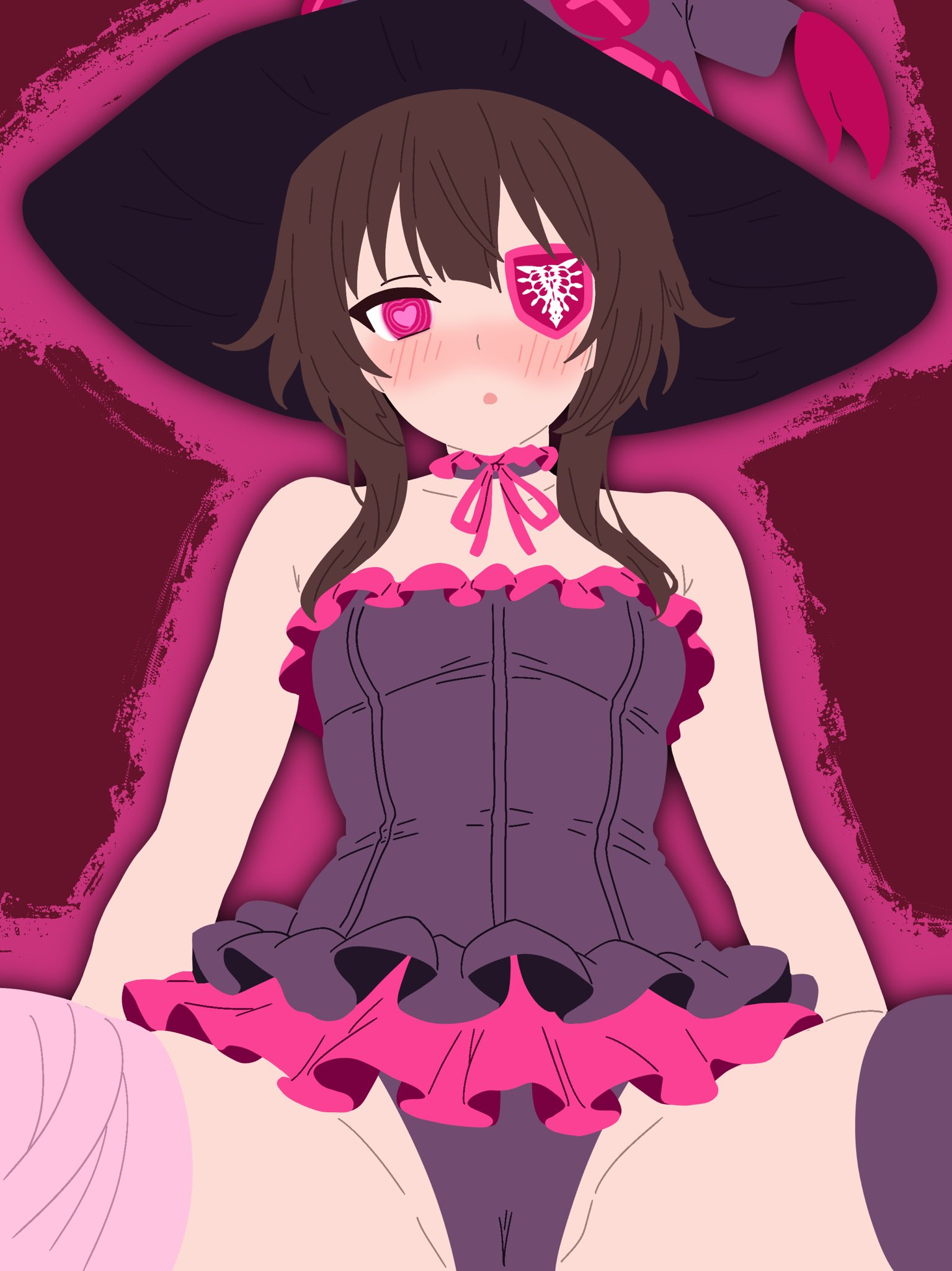 blush, brown hair, dress, eyepatch, female, frilled dress, hypnosis, kono subarashii sekai ni shukufuku wo!, looking at viewer, megumin, overlord (maruyama), panty shot, pink eyes, purple clothes, shalltear bloodfallen (cosplay), shalltearification, short dress, spread legs, swisschocoart, transformation