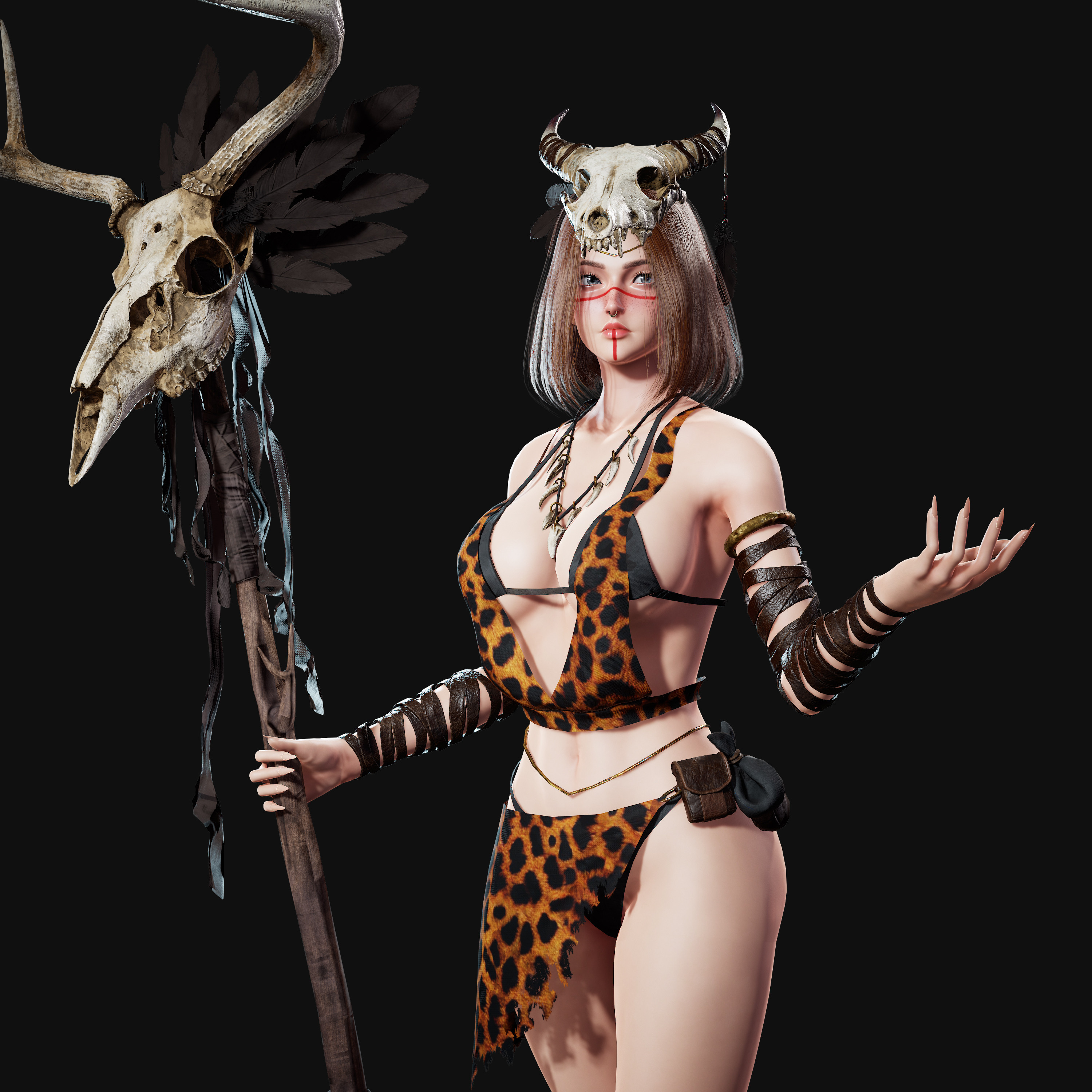 1girls, 3d, 3d (artwork), 3d model, 3d render, big breasts, bone necklace, breasts, digital media, digital media (artwork), face markings, facepaint, facial markings, female, fit, fit female, human, human shaman, idafaber, light skin, light-skinned female, markings, pagan, paganism, primal, seer, sexy, sexy body, shaman, shamaness, skull, staff, tribal, tribal female, tribal markings, tribal paint, tribal spellcaster, unity (engine), unreal engine, witch