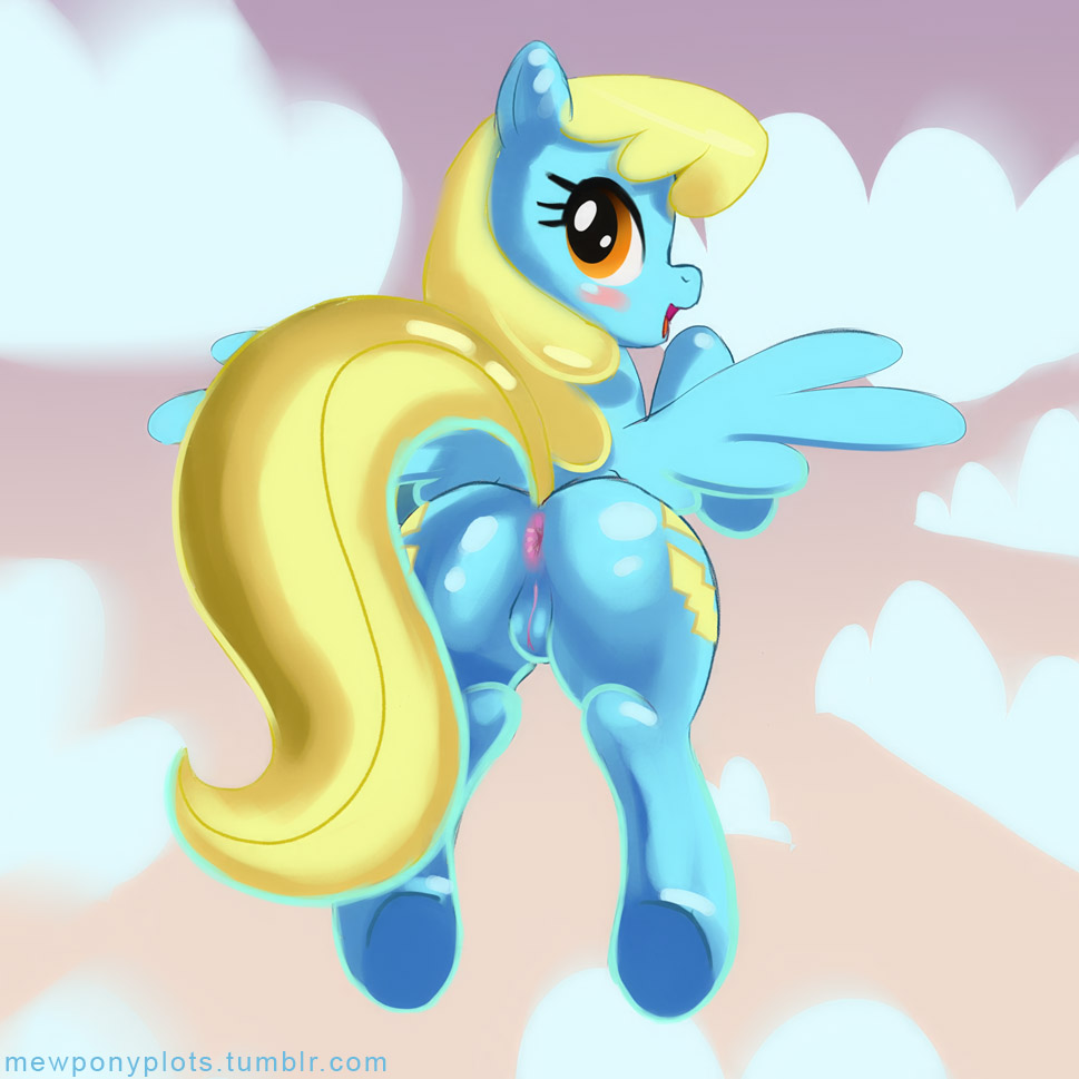 blonde_hair blush clouds equine female flying friendship_is_magic hair horse looking_back mew_(artist) my_little_pony nude orange_eyes pegasus pony sassaflash_(mlp) sky solo wings