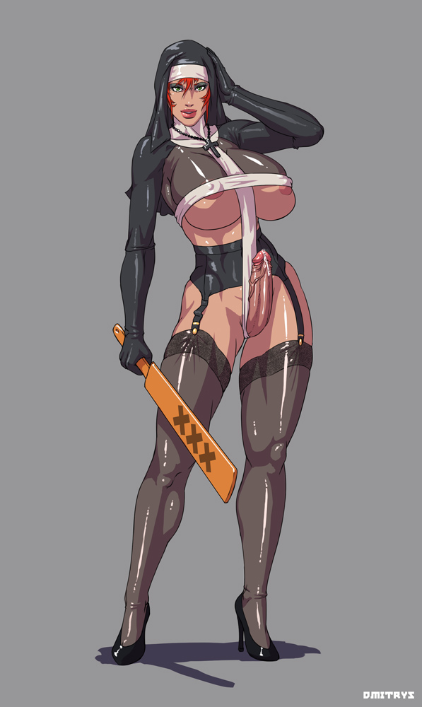 2d, character request, copyright request, dmitrys, futa only, futanari, intersex, latex, nun, paddle, solo