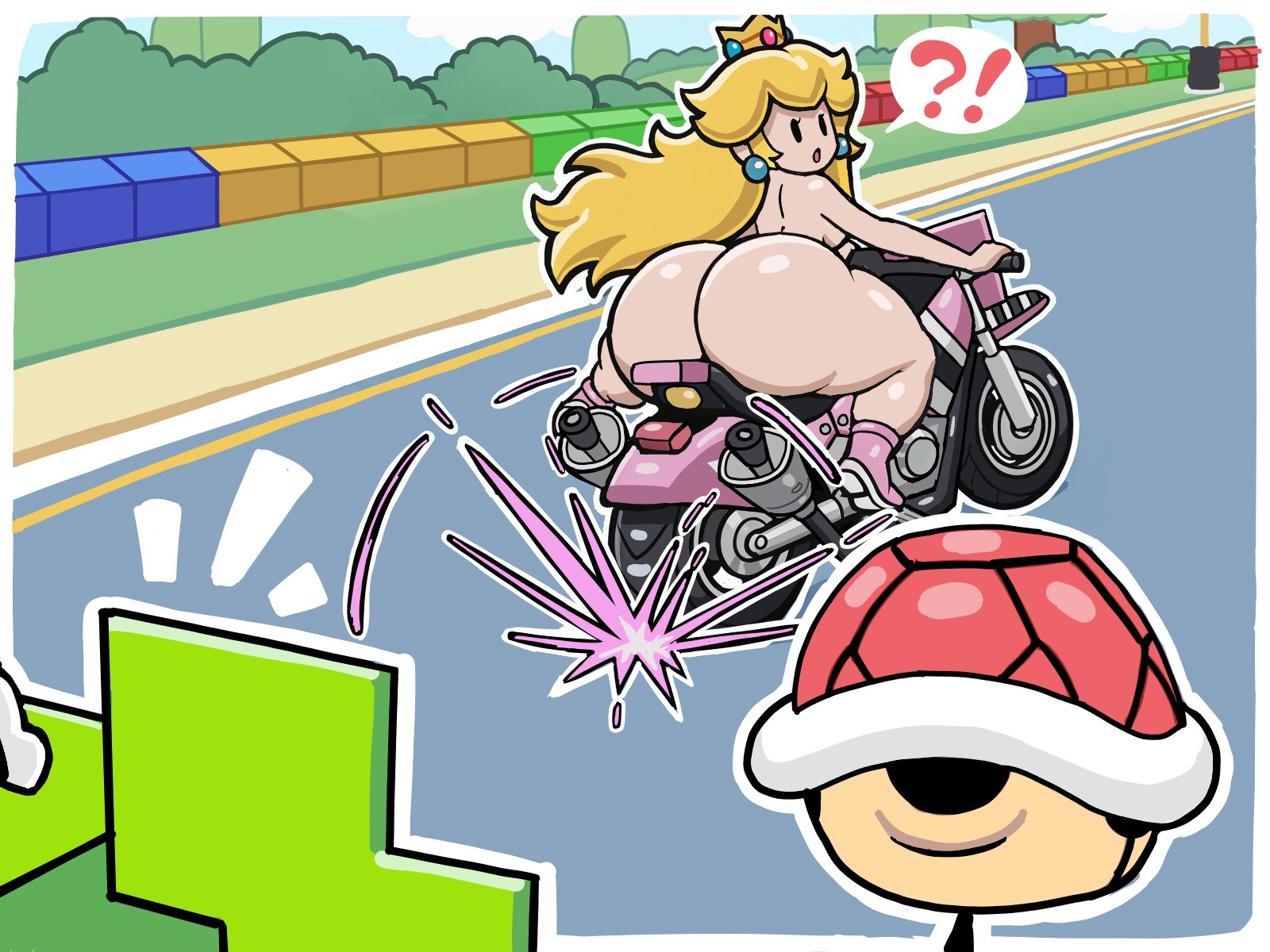 2girls, ass, ass bigger than head, ass focus, backboob, blonde female, blonde hair, blonde-haired female, breasts, casual nudity, cherrycheru, exposed ass, female, female only, huge ass, mario (series), mario kart, mimi (super paper mario), moments before disaster, motorcycle, naked footwear, nintendo, nude, nude female, paper mario, paper peach, princess peach, public, public exposure, public nudity, super paper mario, tagme