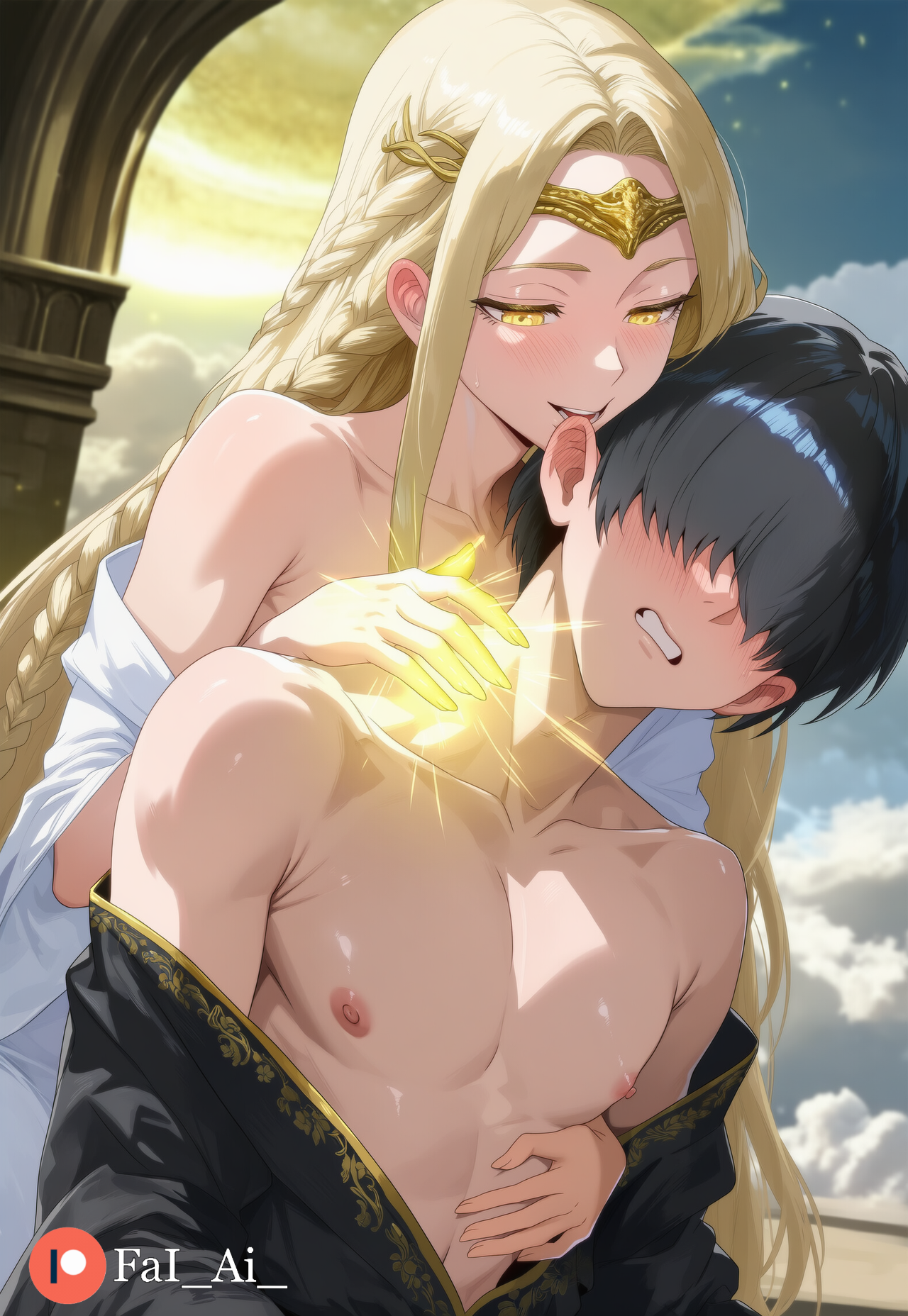 2boys, ai generated, bandai namco, biting ear, blonde hair, blush, elden ring, fai ai , femboy, femboydom, fromsoftware, hugging from behind, long hair, male, miquella, miquella the kind, otoko no ko, skinny, slender body, slender waist, upper body, white dress, yaoi