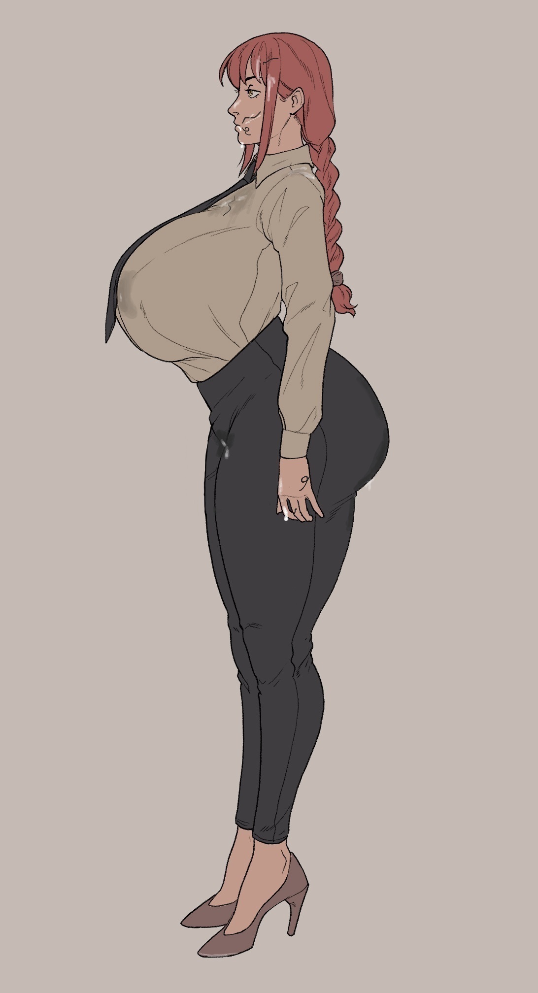 alternate ass size, alternate body type, alternate breast size, alternate version available, black bottomwear, black clothing, black neckwear, black pants, blanclauz, blank expression, braided hair, breasts, brown footwear, brown hair ornament, brown hair tie, brown high heels, chainsaw man, cum, cum on hair, female, grey shirt, grey topwear, heels, high heels, huge breasts, hyper, hyper breasts, makima (chainsaw man), neutral expression, pubes, pubes on face, red hair, tagme