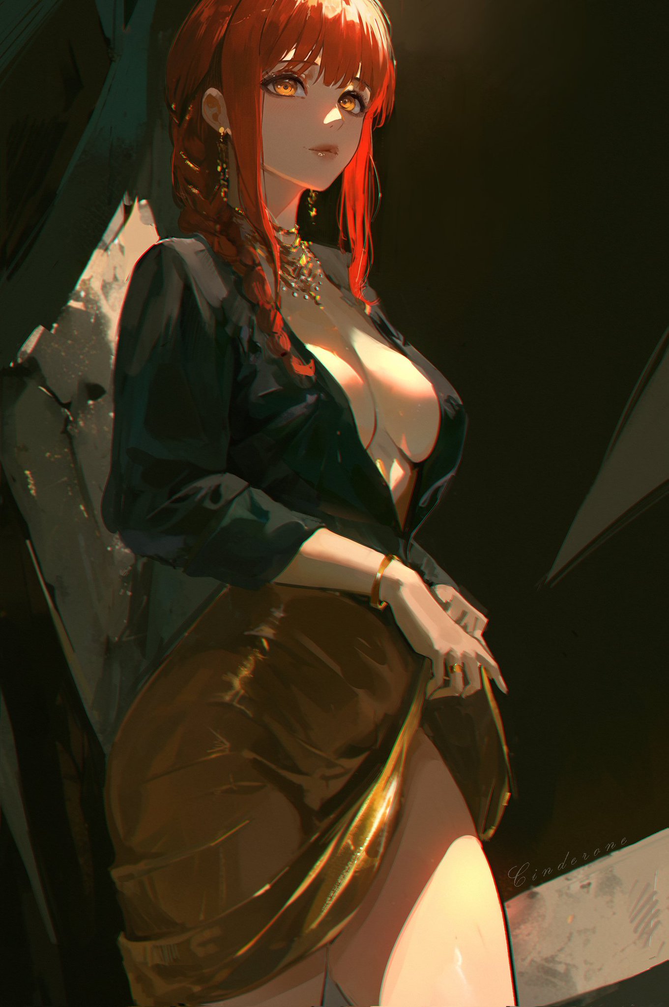 1girls, bracelet, chainsaw man, cinderone, cleavage, clothed, clothed female, female, female only, gold bracelet, gold jewelry, gold necklace, jewelry, lifting skirt, makima (chainsaw man), midriff, necklace, open shirt, painting (artwork), red hair, skirt, solo, solo female, solo focus, thighs