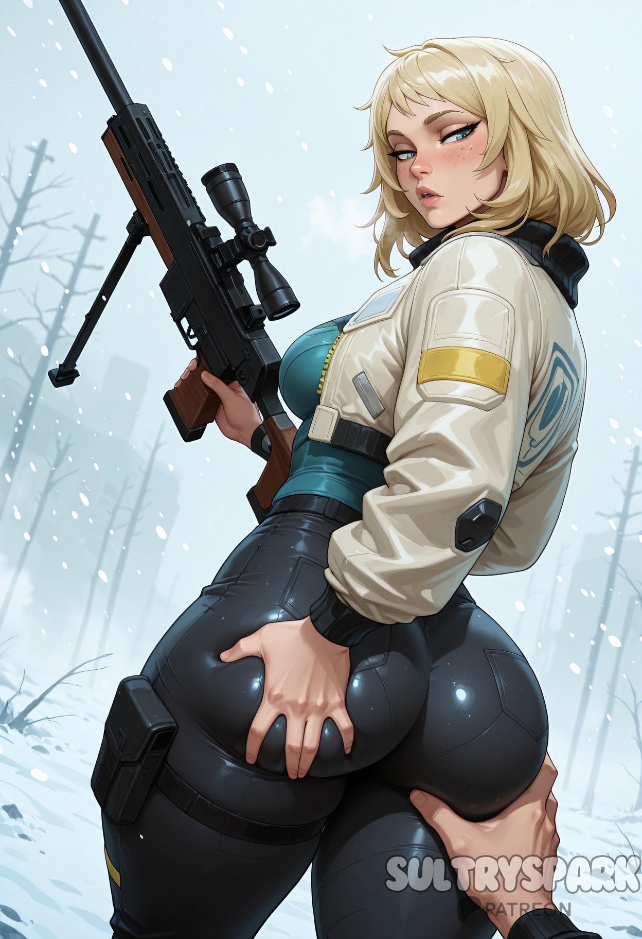 1boy, ai generated, ass, ass focus, ass grab, black pants, blonde hair, blue eyes, blush, breasts, deadlock (valorant), female, futarush, gun, holding, huge ass, jacket, lips, looking at viewer, looking back, pants, patreon, patreon username, rifle, riot games, scope, sniper rifle, snow, snowing, solo focus, straight, sultryspark, valorant, weapon
