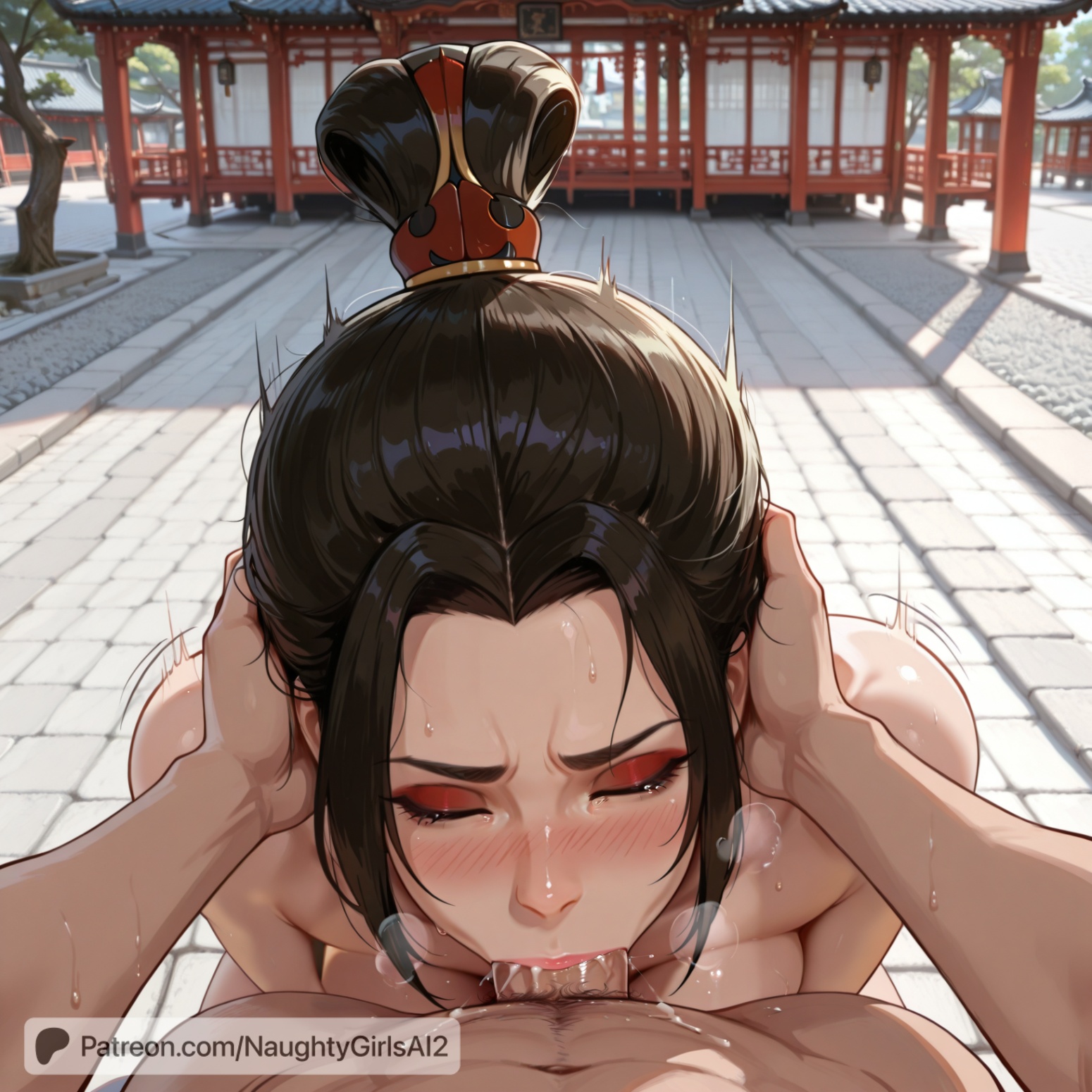 1girls, ai generated, avatar the last airbender, azula, blowjob, brother and sister, brown eyes, brown hair, deepthroat, female, incest, naughtygirlsai, oral, parted bangs, topknot, zuko