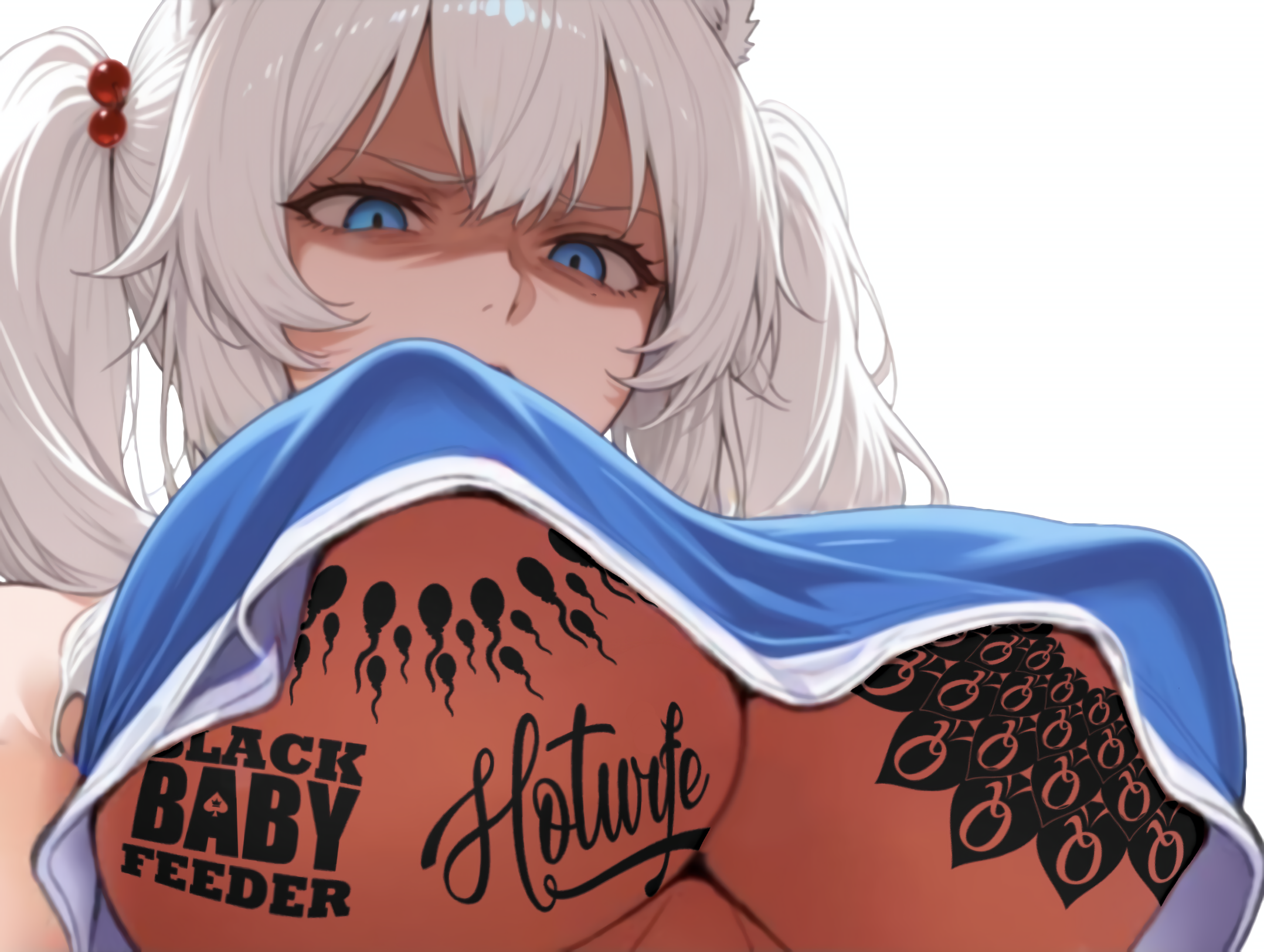 ai generated, blacked, breasts, cheerleader, disgusted, female, fox, fox girl, kirsche verstahl, large breasts, pathetic, qos, qos tattoo, queen of spades, text, underboob, virtual youtuber, white hair, youtube