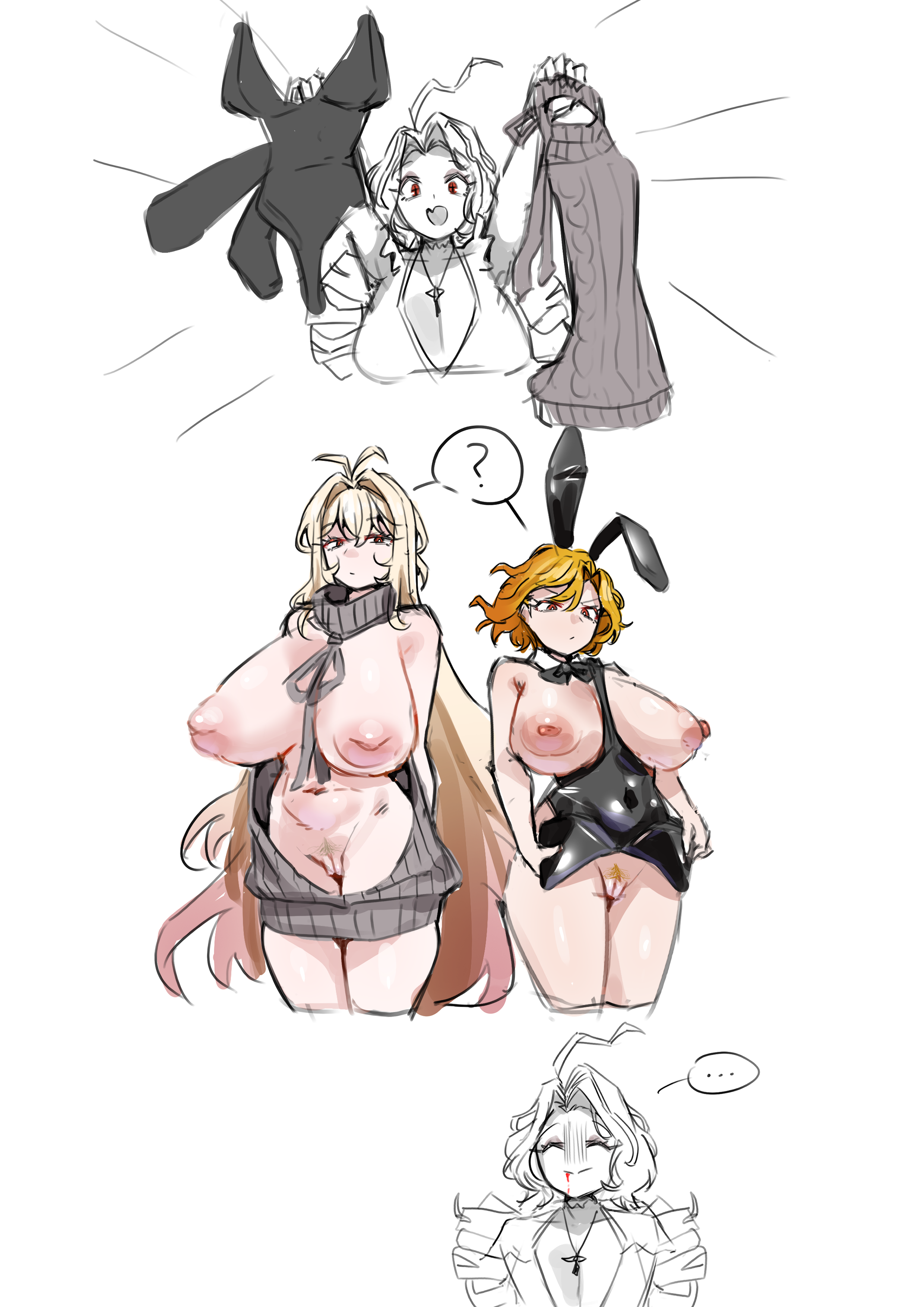 ?, ..., 3girls, big breasts, breasts, bunny ears, bunnysuit, cat nip, don quixote (limbus company), dulcinea (limbus company), female, inverted nipples, limbus company, long hair, looking at viewer, nicolina (limbus company), partially clothed, presenting, project moon, pubic hair, pussy, red eyes, sancho (limbus company), short hair, smile, standing, sweater, thick thighs, white background