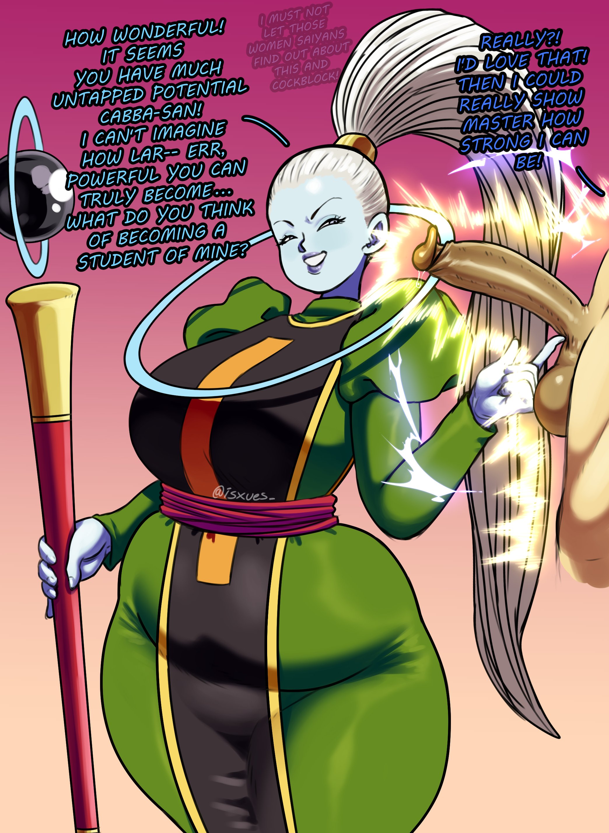1boy, 1girls, big penis, cabba, dragon ball, dragon ball super, excited female, female, huge cock, isxues, male, mini comic, penis, tagme, text, vados