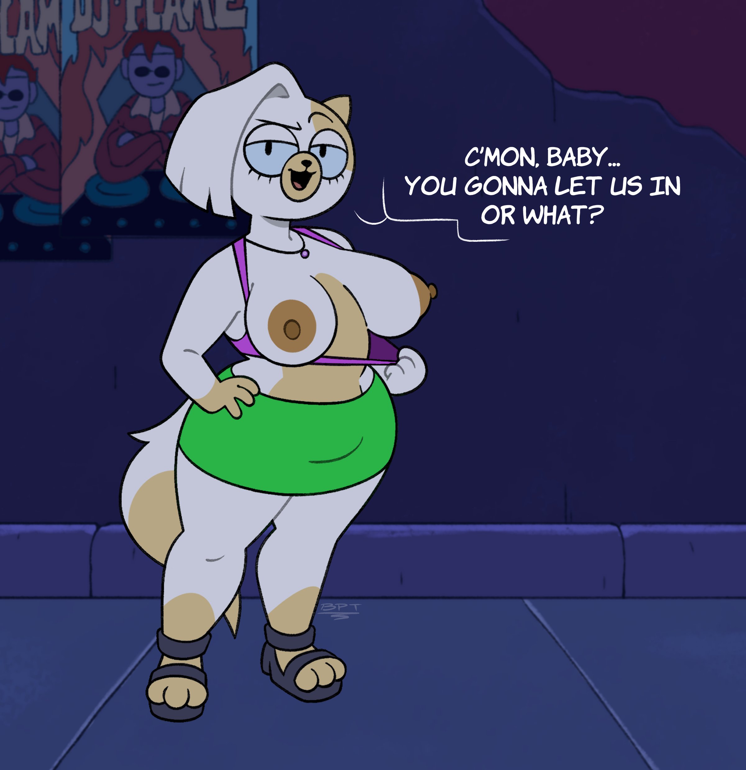 1girls, adventure time, anthro, big breasts, breasts, brush pen ten, cake the cat, cake the cat (club outfit), cartoon network, cat humanoid, english text, exposed breasts, female, fionna and cake, fur, furry, humanoid, non-human, talking to viewer, thick thighs