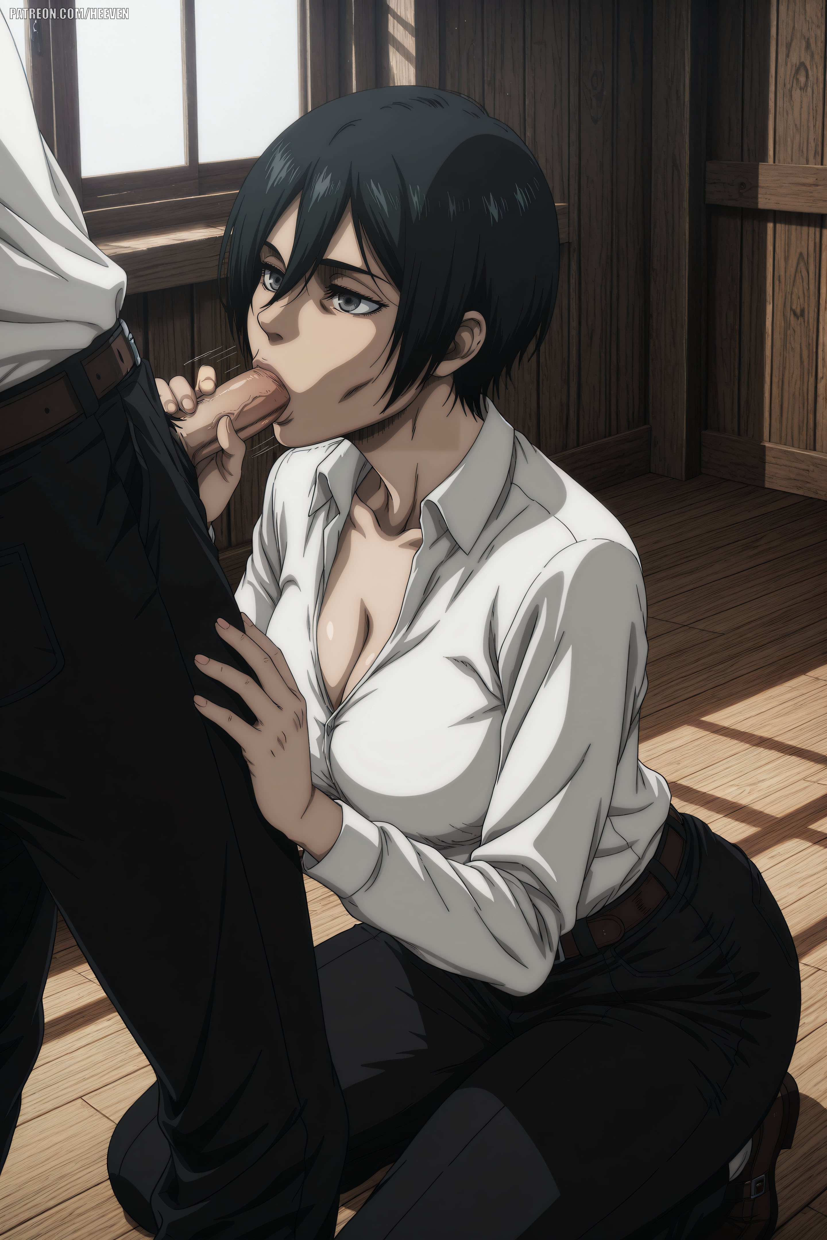 1boy, absurdres, adult, ai generated, attack on titan, big breasts, blowjob, breasts, ejaculation, fellatio, heeven, highres, mature, mikasa ackerman, penis in mouth, perfect body, uncensored