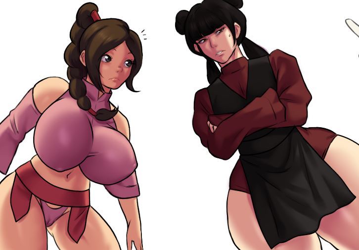 2girls, avatar the last airbender, breast size difference, breasts, brown hair, cameltoe, closed mouth, cropped, cropped image, edit, edited, female, female focus, female only, fire nation, jay-marvel, mai (avatar), multiple females, multiple girls, old art, simple background, swept bangs, tagme, ty lee