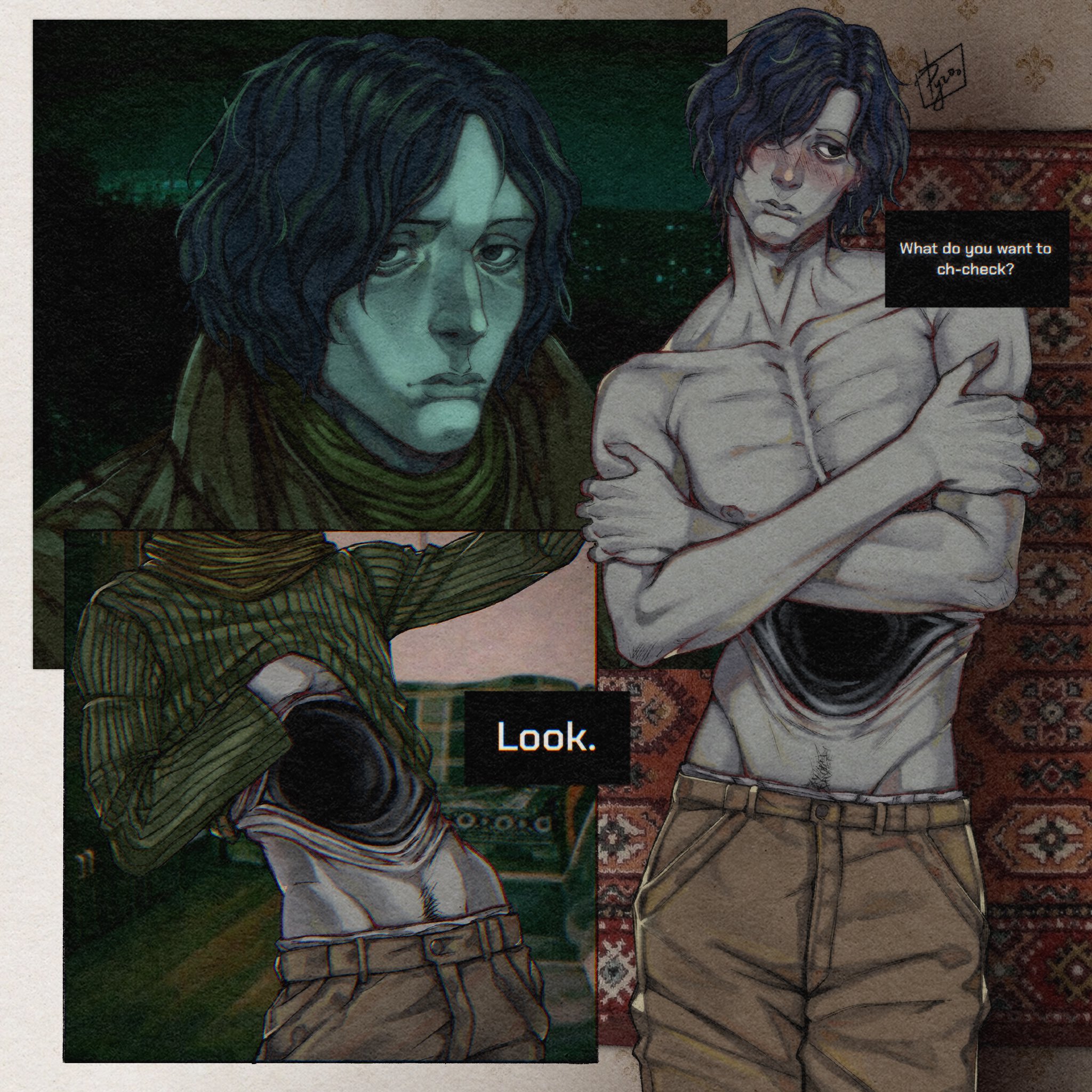 blue hair, blush, body horror, coat guy (no, i'm not a human), grey body, grey skin, happy trail, looking at viewer, looking away, male, male only, no, i'm not a human, pubic hair, pubic hair peek, pyro cri, shy, solo, sweater, sweater lift, topless, topless male, unusual anatomy
